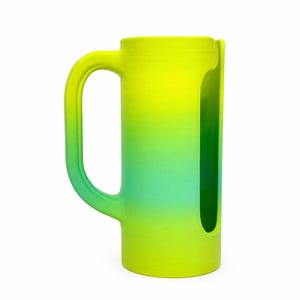 May include: A tall, cylindrical mug with a large handle, featuring a gradient of yellow to teal. The mug has a unique cutout on one side. The design is modern and the color scheme is vibrant.