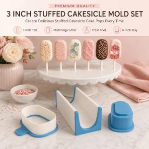 May include: A 3-inch stuffed cakesicle mold set including a white and blue matching cutter, a white and blue press tool, and a blue mold base. The set is designed for creating cakesicles, as shown by the six decorated treats on a stand.
