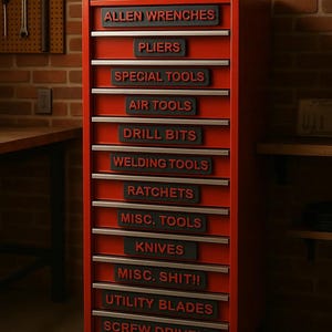 Magnetic Toolbox Labels Set of 14 – Bold 3D Shop Drawer Tags for Garage, Tools, and Workshop Organization