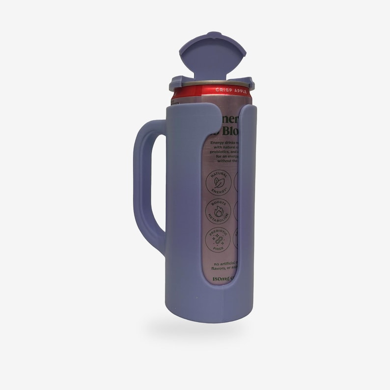 May include: A periwinkle blue can cooler with a handle and a flip-top lid, holding a red and silver can. The can has text and graphics visible through a clear window on the cooler. The cooler is designed to keep beverages cold.