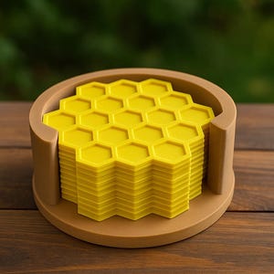 Honeycomb Bee Coaster Set with Holder – 3D Printed Yellow Hexagon Drink Coasters for Modern Kitchen, Table Decor, or Bee Themed Gift