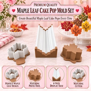 May include: A maple leaf cake pop mold set featuring a white and brown display tray, a white maple leaf cutter, and a brown maple leaf press tool. The set includes text labels: Premium Quality Maple Leaf Cake Pop Mold Set.