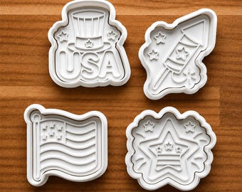 Patriotic Cookie Cutter Set USA Fourth of July Clay Cutters | American Flag Firework Rocket and Star Fondant Tools