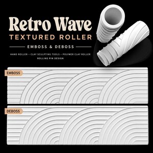May include: Two white cylindrical textured rollers for clay sculpting with a retro wave pattern. The image displays the text Retro Wave Textured Roller, Emboss & Deboss, Hand Roller, Clay Sculpting Tools, Polymer Clay Roller, Rolling Pin Design.