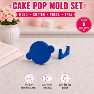 May include: A blue plastic cake pop mold set featuring a round press and a tray. The text reads CAKE POP MOLD SET, MOLD, CUTTER, PRESS, TRAY, MAKES 6 CAKE POPS, FITS 1.75 INCH ROUND CAKE POPS, PERFECT 1 INCH THICKNESS, and EASY POP OUT DESIGN.