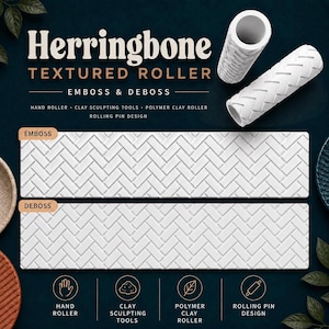 May include: Two white cylindrical textured rollers with a herringbone pattern. The image displays the text Herringbone TEXTURED ROLLER, EMBOSS & DEBOSS, and examples of the embossed and debossed patterns on flat white rectangular surfaces.
