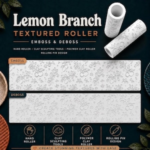 May include: Two white cylindrical textured rollers with a lemon branch pattern. The image displays the text Lemon Branch Textured Roller, Emboss & Deboss, and shows examples of embossed and debossed patterns on white rectangular surfaces.