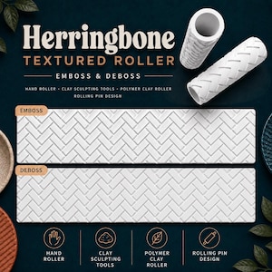 May include: Two white cylindrical textured rollers with a herringbone pattern. The image displays the text Herringbone TEXTURED ROLLER, EMBOSS & DEBOSS, HAND ROLLER, CLAY SCULPTING TOOLS, POLYMER CLAY ROLLER, ROLLING PIN DESIGN, and two sample strips.
