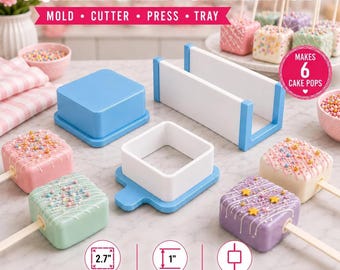 Square Cake Pop Mold Set with Display Tray | 2.7 inch Cake Pop Cutter, Press & Stand | Ice Cream Sandwich Mold | Custom Colors