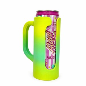 May include: A neon yellow and green insulated can cooler with a handle, holding a can of "Fruity" energy drink. The can has a pink and white striped design with the words "Cotton Candy" and "Energy" printed on it.