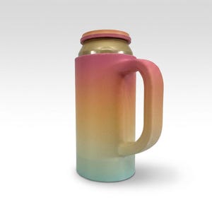 May include: A colorful can cooler with a handle, featuring a gradient of pink, orange, yellow, and blue-green hues. The cooler is designed to hold a standard-sized can, keeping beverages cold. The handle provides a comfortable grip.