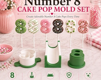 Number 8 Cake Pop Mold Set with Press, Cutter and 6 Inch Display Tray | 8th Birthday Cake Pop Maker | Custom Colors