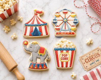Circus Cookie Cutter Set | Carnival Cookie Cutters and Stamps | Elephant Clown Lion Carousel Popcorn Ferris Wheel Circus Party Cookies