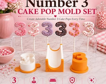 Number 3 Cake Pop Mold Set with Press, Cutter and 6 Inch Display Tray | 3rd Birthday Cake Pop Maker | Custom Colors