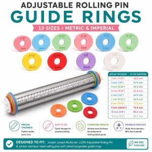May include: An adjustable stainless steel rolling pin with a measurement scale and thirteen colorful plastic guide rings in various sizes. The set includes a reference chart for dough thickness and outer diameter, labeled in both imperial and metric units.
