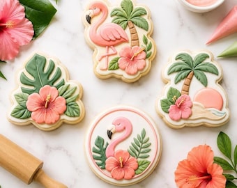 Tropical Cookie Cutter Set with Matching Stamps | Flamingo Cookie Cutter | Hibiscus Flower Cookie Cutter | Palm Tree Beach Cookie Cutter Set
