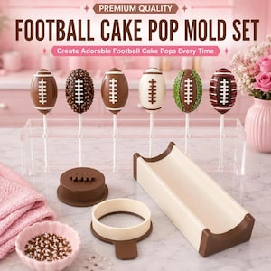 May include: A football cake pop mold set featuring a clear acrylic stand holding six decorated football-shaped cake pops. The set includes a brown circular press, a white ring cutter, and a long, curved brown and white plastic mold tray.
