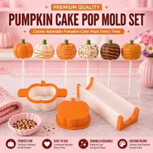 May include: A pumpkin cake pop mold set featuring white and orange plastic molds, a clear acrylic display stand, and six decorated pumpkin-shaped cake pops on sticks. The image includes text reading PREMIUM QUALITY PUMPKIN CAKE POP MOLD SET.