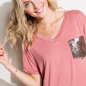 V Neck Short Sleeves Solid Jersey Sequin Pocket Boxy Top - Made in USA
