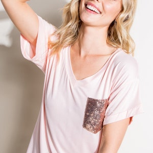 Plus Size V Neck Short Sleeves Solid Jersey Sequin Pocket Boxy Top - Made in USA