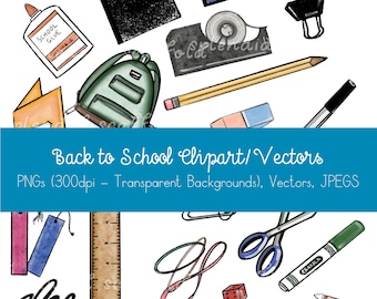 Back To School Clipart, School PNG Bundle, School Clipart Bundle, Digital Download School Clipart, School Supplies Vectors