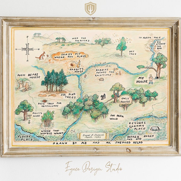 100 Acre Wood Map - Printable Winnie-The-Pooh Classic Map, Baby Shower, Birthday Party, Centerpiece Nursery Decoration, Owl, Rabbit, Piglet