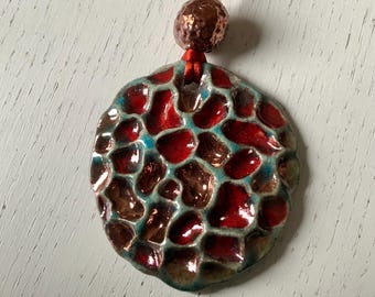 Raku ceramic pendant, red, copper and turquoise colors