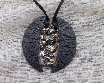 Raku ceramic pendant, black and gold colors