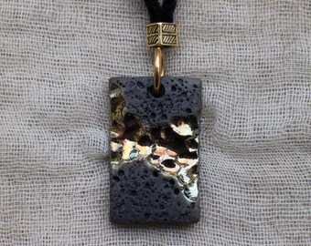 Raku ceramic pendant, black and gold colors