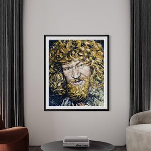 Luke Kelly-kunstafdruk | levendig portret van Luke Kelly | kleurrijke Ierse muziekkunst aan de muur | Dubliners kunst aan de muur | Luke Kelly-schilderij | Luke Kelly