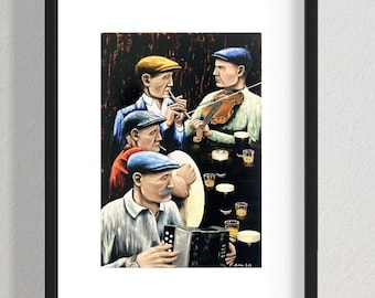 Könnte beinhalten: Ein Gemälde, das vier Männer zeigt, die in einem Pub Musik machen. Die Männer tragen Hüte und spielen Geige, Akkordeon, Bodhrán und Tin Whistle. Vor ihnen auf dem Tisch stehen Gläser mit Bier und Whiskey.