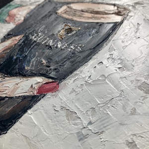 May include: An oil painting on canvas featuring a thick, textured impasto application of paint. The artwork depicts a dark pint glass with the word Guinness visible, set against a stark white background with visible brushstrokes and palette knife marks.