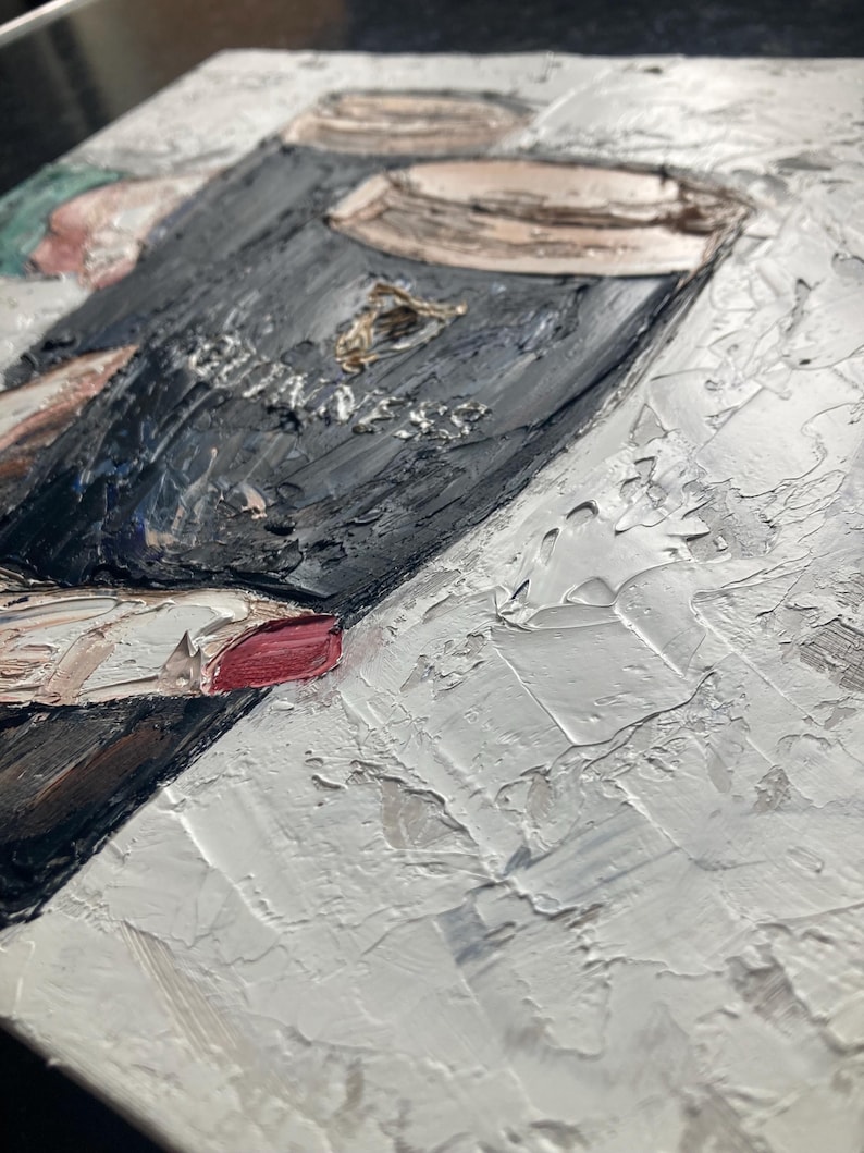 May include: An oil painting on canvas featuring a thick, textured impasto application of paint. The artwork depicts a dark pint glass with the word Guinness visible, set against a stark white background with visible brushstrokes and palette knife marks.