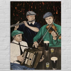 May include: Three men in a pub setting playing music. One man plays a flute, another plays a fiddle, and the third plays an accordion. They are all wearing hats and are dressed in traditional Irish clothing. There are glasses of beer and whiskey on the table in front of them.