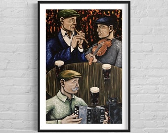 Impressão artística de uma sessão de música em um pub irlandês – Guinness, uísque e gato preto