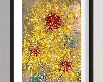 Estampado abstracto de girasoles dorados vibrantes - arte de pared de girasoles enmarcado - arte de girasoles enmarcado - decoración de pared de girasoles - decoración floral para el hogar - salpicadura
