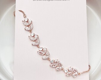 Rose Gold Diamond Bracelet • Flower Leaf Bracelet • Wedding Luxury Bracelets • Bridal Sparkle • Gift for Bridesmaids