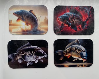 Carp Fishing Art Fridge and Car Magnet - Durable & Weatherproof for Outdoor Gear set of 4.