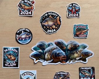 Mirror Carp Fishing Stickers: “I’m Ready 2024” and a Free “Soprano Carp Family” Sticker, Durable & Weatherproof for Outdoor Gear and Indoors