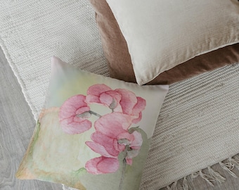 Orchidee Kissenbezug | Japandi ostasiatischer Blumendruck-Kissenbezug | Rosa Salbei Aquarell Botanische Dekoration | Weicher künstlerischer Minimalismus