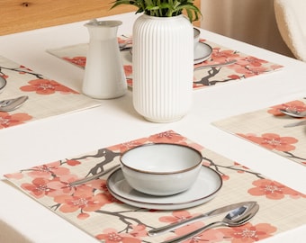 Cherry Blossom Placemat Set | Japanese Sakura Table Decor | Set of 4 Coral Floral Placemats | Japanese Botanical Dining Decor Gift