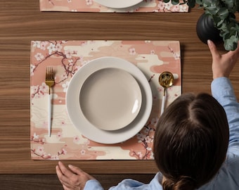 Sakura Placemat Set | Japanese Cherry Blossom Table Decor | Set of 4 Floral Placemats | Japandi Botanical Dining Decor Gift