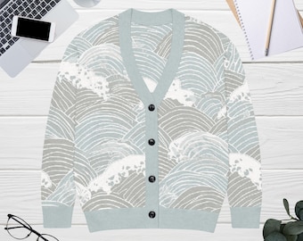 Cárdigan de punto Seigaiha / Suéter unisex con estampado de olas japonesas / Cárdigan con botones color verde salvia y estampado de olas oceánicas / Regalo con estética costera Japandi