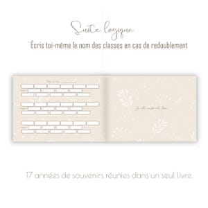 May include: Open book with beige pages and floral patterns. The left page has a grid of rectangular boxes for writing. The text "Suite logique" and "&Eacute;cris toi-m&ecirc;me le nom des classes en cas de redoublement" are at the top.