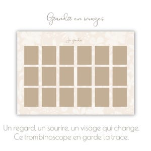 May include: A beige photo collage board with sixteen rectangular spaces. The background features a floral pattern. The text "Grandir en images" and "Je grande" are at the top. The bottom text reads "Un regard, un sourire, un visage qui change. Ce trombinoscope en garde la trace."