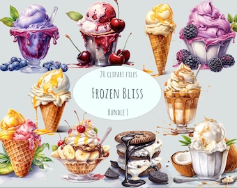 Watercolor ice cream clipart, 20 high quality PNG, sundae icecream cone, summer dessert, waffle menu food clipart, sorbet printable stickers