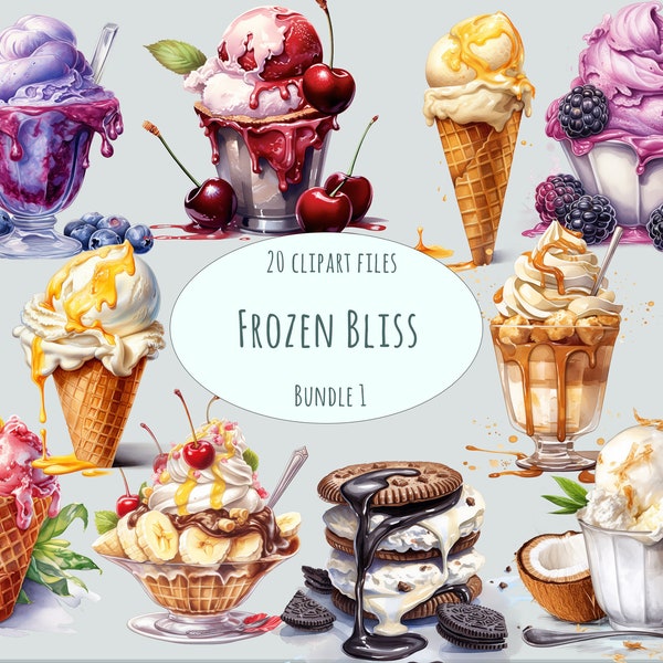 Watercolor ice cream clipart, 20 high quality PNG, sundae icecream cone, summer dessert, waffle menu food clipart, sorbet printable stickers