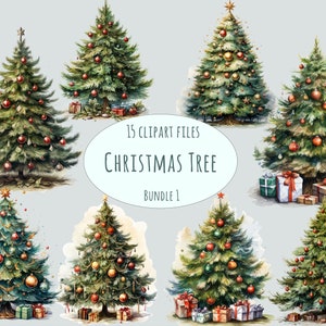 Clipart albero di Natale / 15 PNG Alberi festivi e decorazioni invernali / Sublimazione acquerello, biglietti, adesivi, abete stagionale stampabile