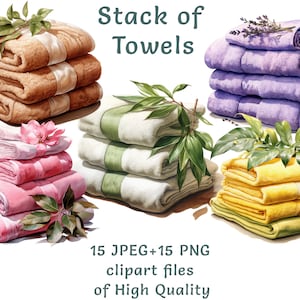 Clipart de pilha de toalhas - 15 arquivos PNG e JPEG em aquarela para uso comercial, ideais para spa, designs de decoração de banheiro, artesanato e scrapbooking