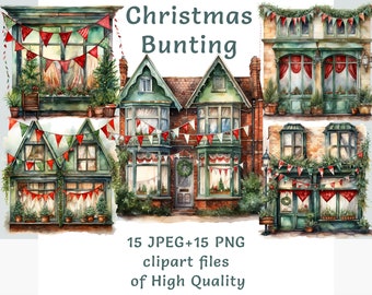 Christmas Bunting Clipart Bundle, Aquarell festliche Aufkleber, kommerzielle Nutzung Sublimationsdruck transparent Winter Png Pack, Straßenansicht